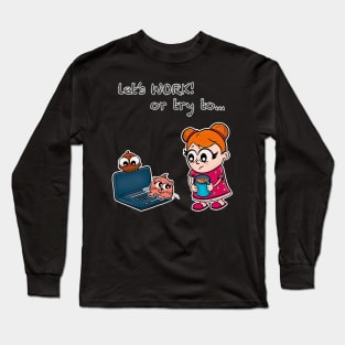 Lovely girl trying to work around her cute cat and bird Long Sleeve T-Shirt